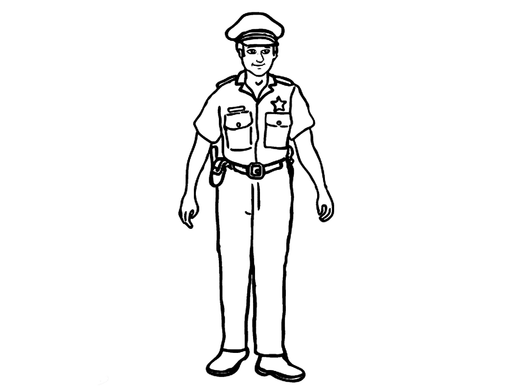 Coloring book of cheerful policeman in uniform